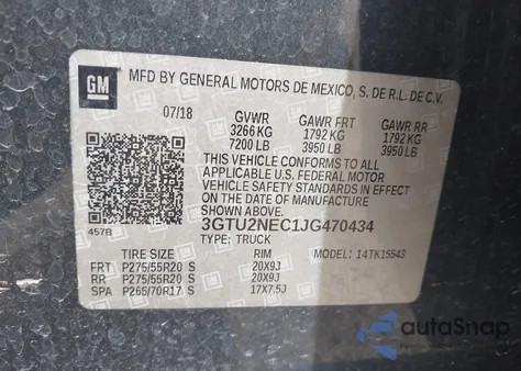 2018 GMC Sierra 1500 Slt из США, поврежденный, VIN 3GTU2NEC1JG470434